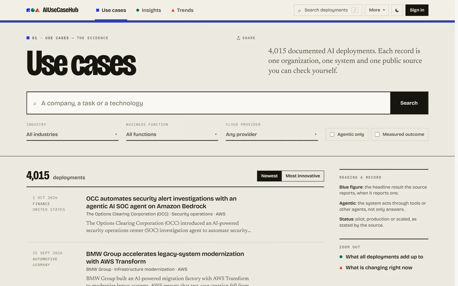 AIUseCaseHub use case list with filters