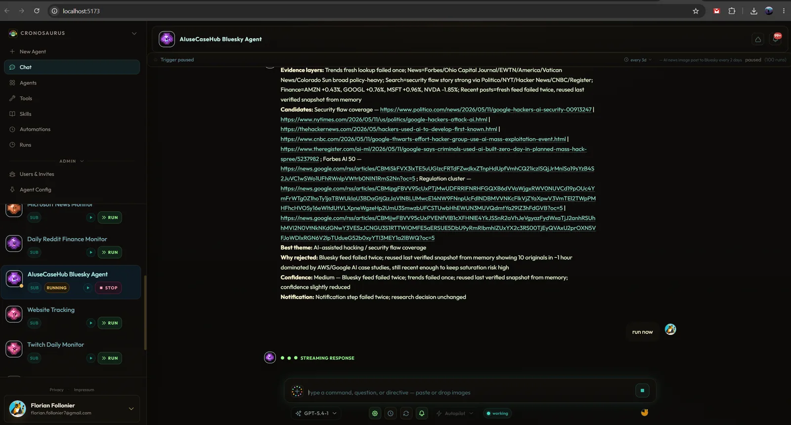 Cronosaurus running agent chat with streaming research output