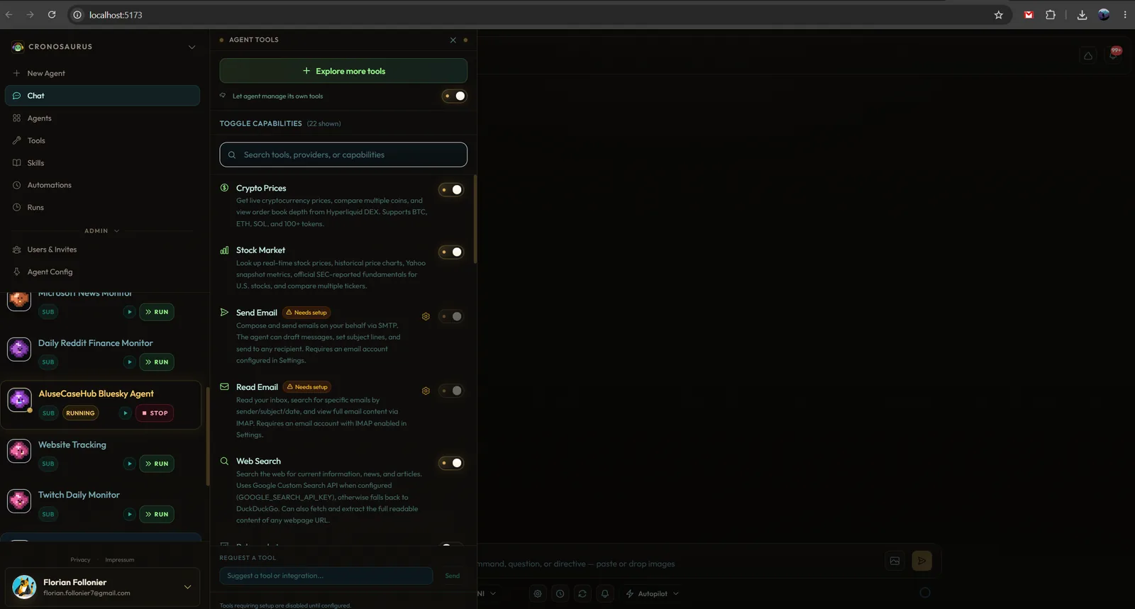 Cronosaurus per-agent tools panel