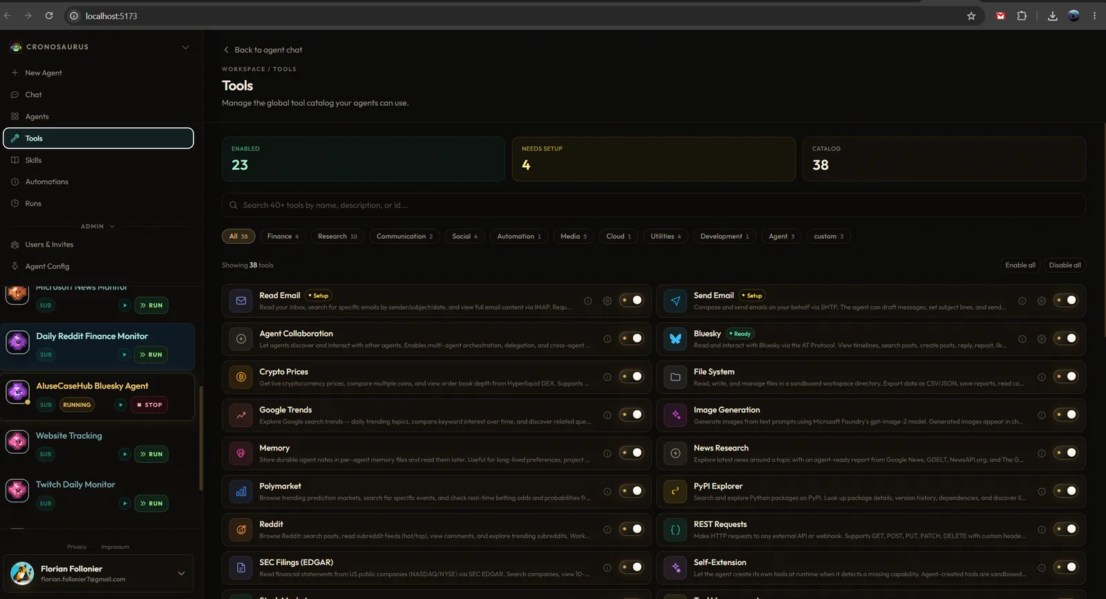 Cronosaurus tool catalog with configurable agent capabilities
