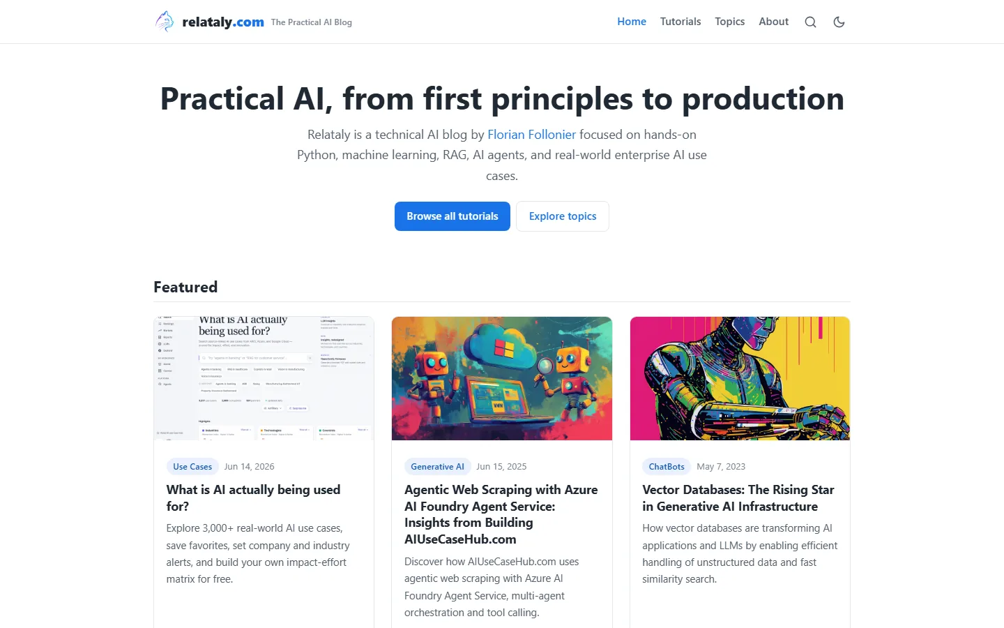 Relataly homepage with featured tutorials on AI use cases, agentic web scraping, and vector databases