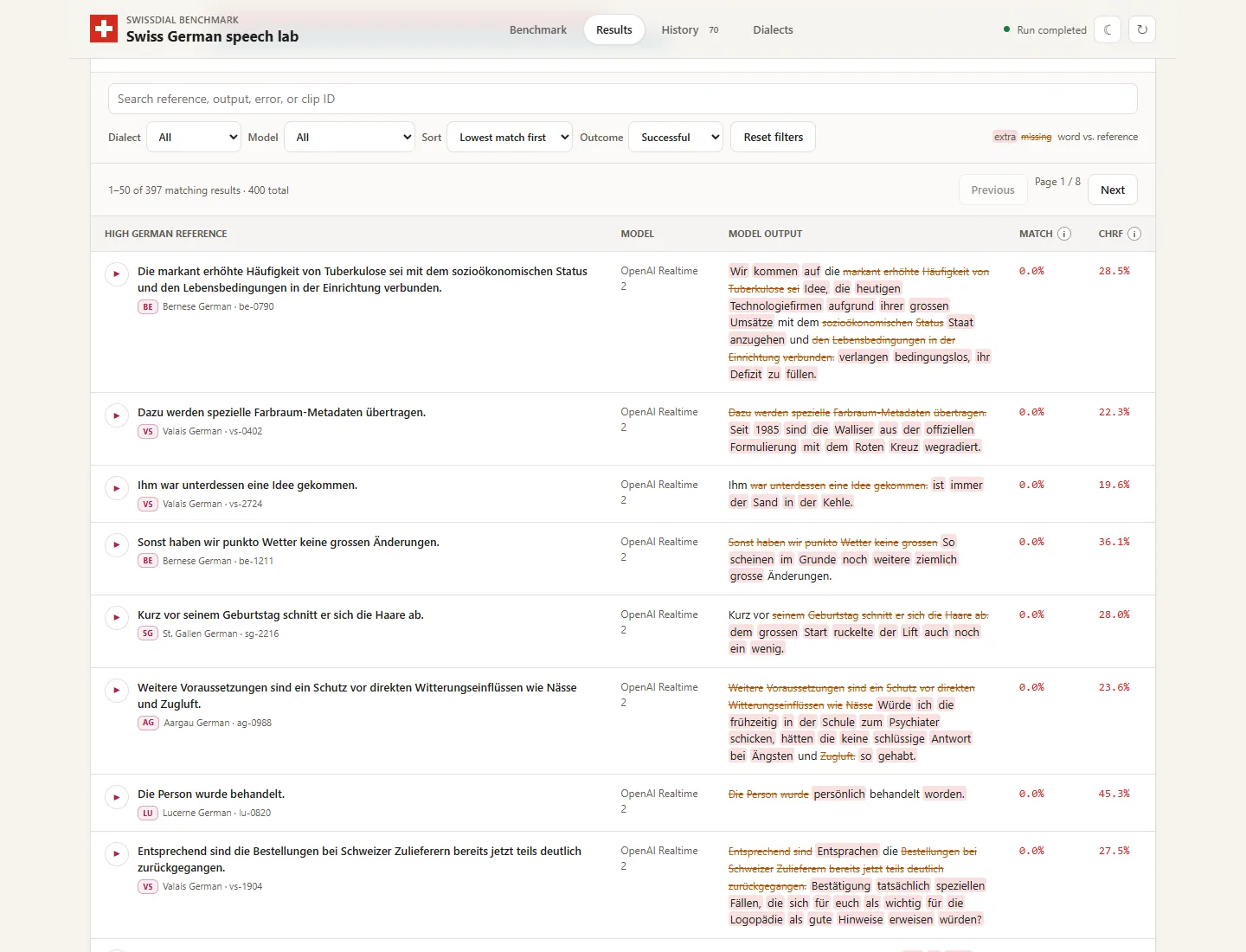 Searchable result table with word-level differences