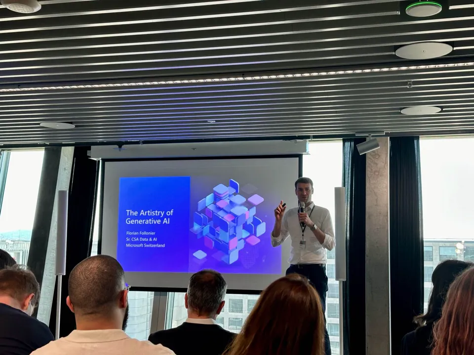 Giving the talk "The Artistry of Generative AI" in front of a large screen