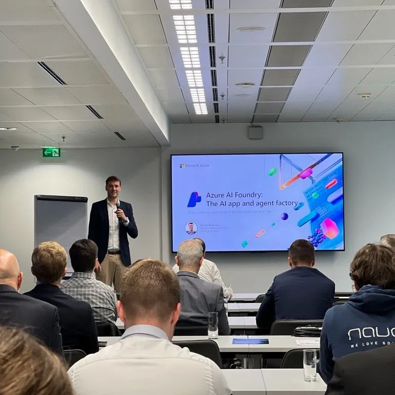 Presenting "Azure AI Foundry: The AI app and agent factory" to a seated audience