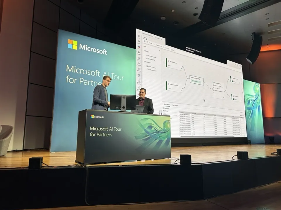 Presenting an agent workflow on stage at the Microsoft AI Tour for Partners in Frankfurt, 2025
